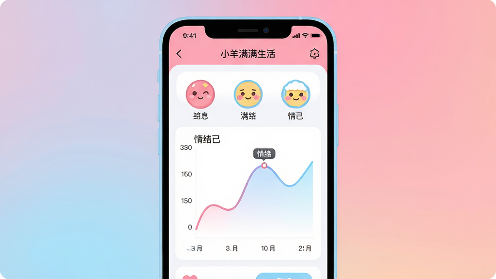 画面主体是一部运行着“小羊满满生活”APP的智能手机,屏幕界面显示心情日记功能,有多个可爱表情图标和一条平滑的情绪变化曲线。布局采用手机居中、屏幕内容清晰可见的展示方式,背景为简洁的纯色渐变。排版风格扁平化,色彩明快活泼,以粉色和浅蓝色为主。细节上,手机边框圆润,屏幕内的数据图表标注清晰。画质干净清晰,无多余元素,着重展现APP界面设计的友好与数据可视化的直观性。