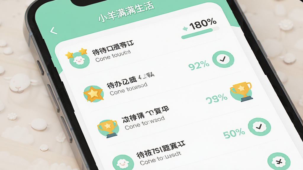 画面主体是“小羊满满生活”APP的习惯打卡界面,屏幕上展示了一系列待办习惯列表,每个习惯旁都有圆形的打卡按钮和进度百分比。布局采用列表式排版,清晰有序。风格为扁平化插画风,主色调为清新的薄荷绿,搭配白色背景。细节上,部分已完成打卡的习惯显示着金色的小星星或奖杯图标,激励感十足。画质高清,界面元素干净利落,突出功能的高效与视觉的愉悦感。