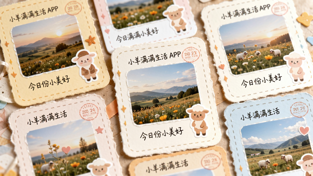 画面主体是一组由“小羊满满生活”APP生成的精美生活记录卡片,卡片上印有风景照片和可爱的贴纸装饰,以及“今日份小美好”等手写体文字。布局为错落有致的排列,展示不同样式的卡片模板。风格为手账风格,色彩温暖治愈,有橙黄、淡粉和天蓝等色调。细节上,卡片边缘有精致的虚线边框和日期印章。画质柔和清晰,整体画面充满生活气息和分享的欲望,无多余杂乱元素。