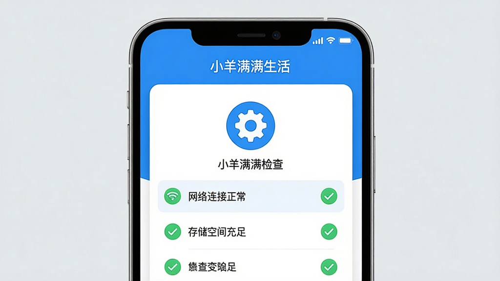画面主体为一部手机,屏幕上显示“小羊满满生活”APP的运行环境检查界面,包含一个齿轮图标和几项绿色对勾的检测条目。布局为手机居中,背景为简洁的浅灰色。排版风格为科技感UI设计,色彩以蓝白为主。细节上,屏幕内显示“网络连接正常”、“存储空间充足”等字样。画质清晰,风格干净专业,无多余元素,传达出应用运行稳定、易于排查问题的信息。