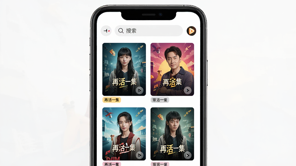 一部手机屏幕上显示《再活一集》短剧播放软件主界面,界面风格现代简约,顶部有搜索栏,主体为整齐排列的短剧封面缩略图,色彩鲜艳,布局清晰,主体为软件界面,布局为上下结构,排版为网格状,风格为扁平化UI设计,细节包括播放按钮和剧集标签,画质高清,干净,无多余元素