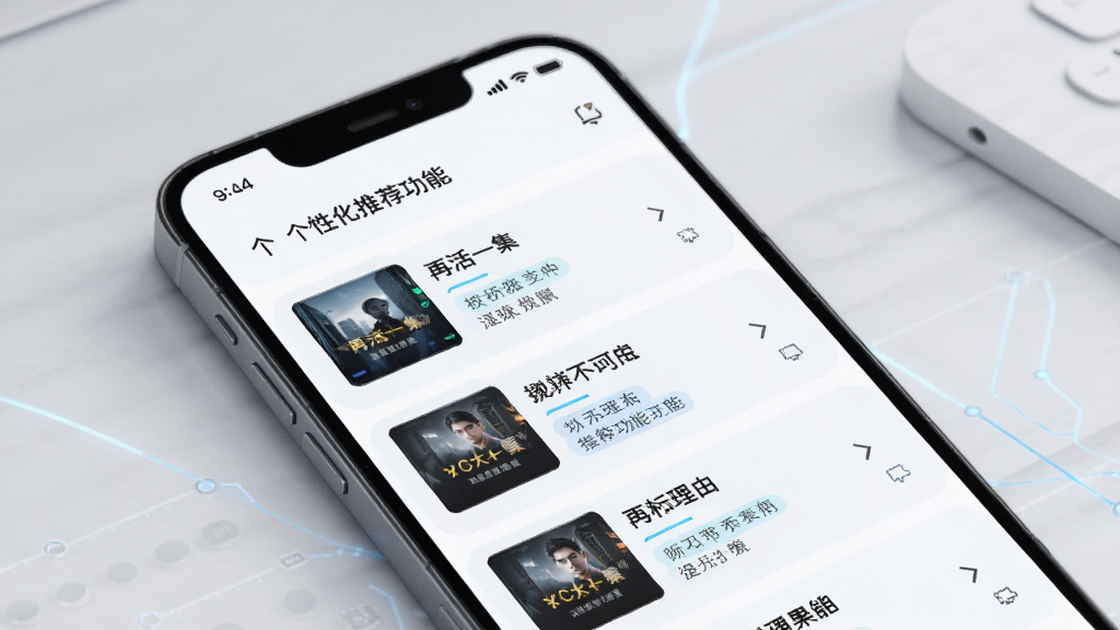 《再活一集》软件智能推荐功能示意图,主体为手机界面展示个性化推荐列表,布局为列表式,排版简洁,风格为现代科技感,细节包括推荐理由标签,画质清晰,干净,无多余元素
