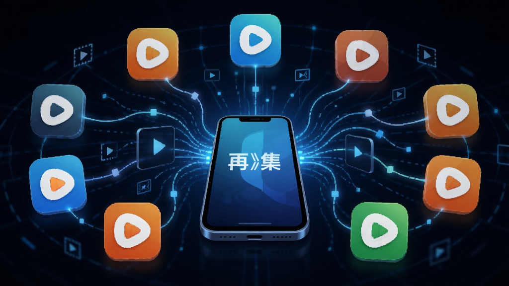 《再活一集》聚合全网短剧资源概念图,主体为多个视频平台图标汇聚到手机屏幕,布局为环绕式,排版有汇聚感,风格为抽象科技风,细节包括网络连接线条,画质高清,干净,无多余元素
