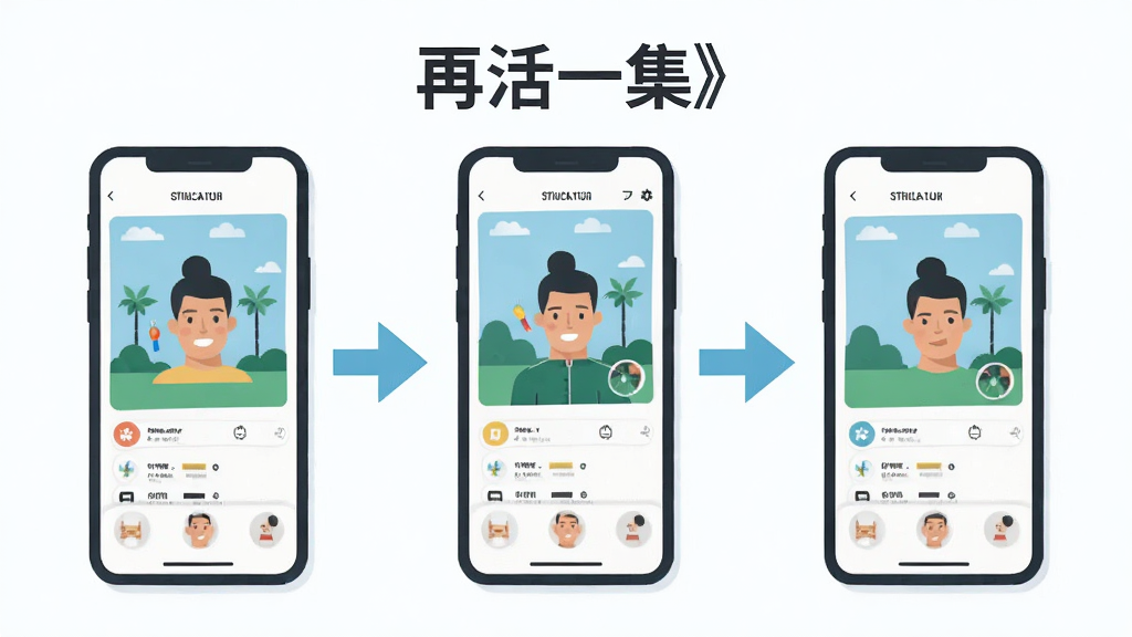 《再活一集》使用教程步骤图,主体为手机操作界面分步演示,布局为步骤流程式,排版清晰,风格为扁平化插画,细节包括箭头指示,画质干净,无多余元素