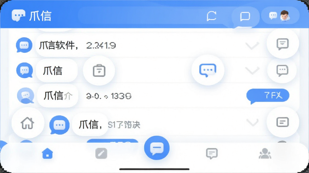 爪信软件主界面预览图,展示简洁的聊天列表和底部导航栏,界面以蓝白为主色调,图标圆润,整体风格清爽现代,画质高清干净,无多余元素,文字标注