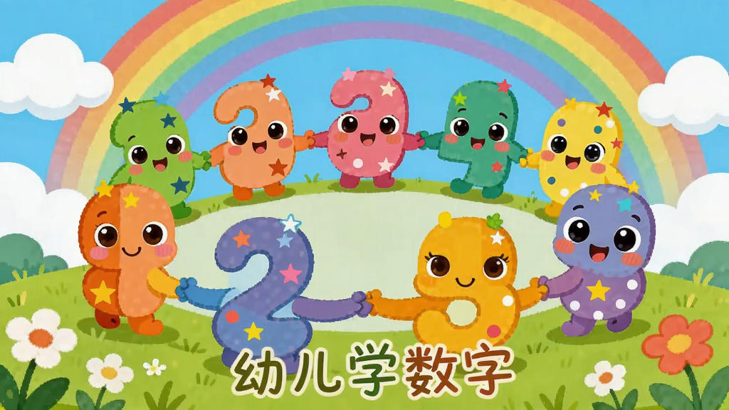 画面主体为可爱的卡通数字宝宝们手拉手围成一圈,背景是蓝天白云和彩虹,前景有草地和花朵。布局上数字宝宝们居中排列,每个数字都有大眼睛和笑脸,颜色鲜艳明亮,排版采用扁平化儿童绘本风格,细节上数字身上有星星和圆点装饰,画质清晰干净,无多余元素,图片中显示文字“幼儿学数字”。