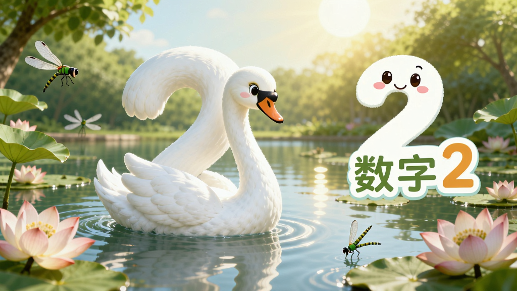 画面主体为数字“2”变成一只白色天鹅在池塘中游动,周围有荷花和蜻蜓,背景是绿树和阳光。布局上天鹅位于画面中央偏左,右侧有数字“2”的卡通形象和文字标注“数字2”,排版采用清新自然风格,细节上水面有波纹和倒影,画质柔和干净,无多余元素,图片中显示文字“幼儿学数字”。