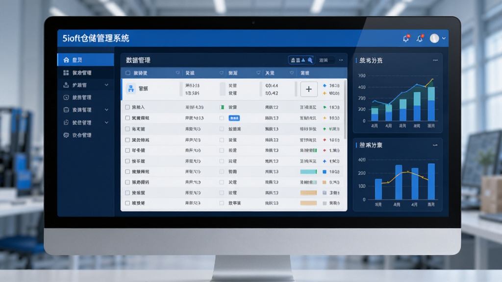 5isoft仓储管理系统主界面预览图,电脑屏幕显示库存管理面板,左侧菜单栏、中央数据表格、右侧统计图表,布局整洁,蓝色科技感风格,画质清晰,无多余元素