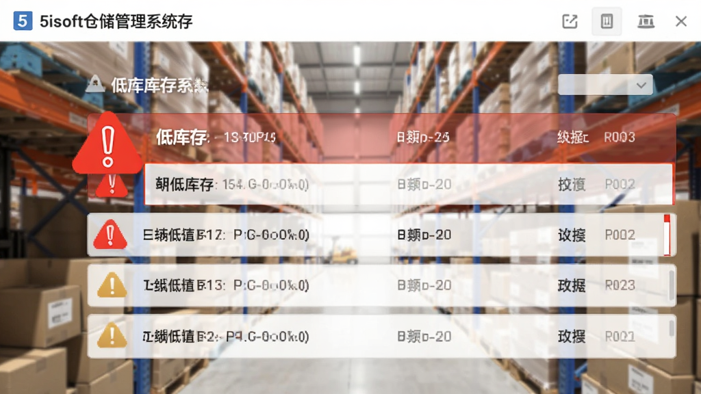 5isoft仓储管理系统库存预警界面,红色感叹号图标突出显示低库存商品列表,背景为仓库货架模糊图,界面清晰,警示风格,画质干净