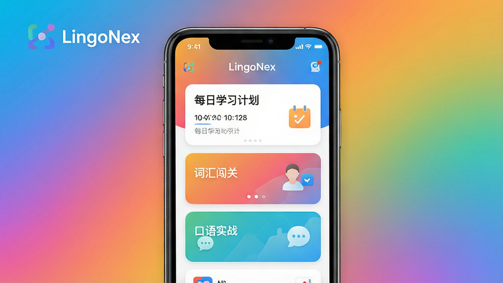一张展示LingoNex应用主界面的高清宣传图,画面中央是手机屏幕,屏幕内显示应用首页,包含“每日学习计划”、“词汇闯关”、“口语实战”等模块卡片,背景为渐变色,整体风格现代简约,色彩明亮,突出“LingoNex”品牌标志,画质干净,无多余元素。