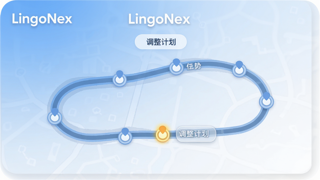 一张展示LingoNex智能路径规划功能的截图预览,画面中显示一条蜿蜒的进度路线,路线上有多个节点标记,每个节点代表一个学习任务,当前节点高亮显示,旁边有“调整计划”按钮,背景为柔和的蓝白渐变,风格清爽,突出“LingoNex”应用名称,画质干净,无多余元素。