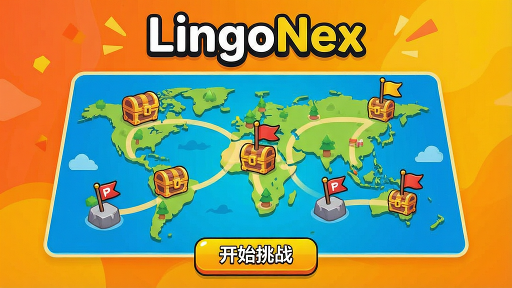 一张展示LingoNex游戏化词库闯关界面的概念图,画面中央是一个关卡地图,上面分布着多个宝箱和旗帜图标,代表不同主题词库,下方有“开始挑战”按钮,背景为欢快的橙色与黄色渐变,风格活泼,突出“LingoNex”字样,画质干净,无多余元素。