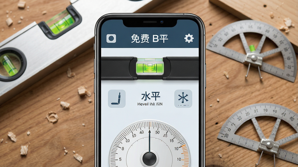 主体:免费尺子测量仪应用界面展示水平仪功能,手机屏幕上有气泡水平仪和角度刻度盘,旁边有“水平”字样。布局:手机屏幕居中,背景为木工桌面,有水平尺和量角器实物作为陪衬。排版:功能图标清晰,读数直观。风格:专业工具风格,色调沉稳。细节:气泡居中显示水平状态,刻度盘精细,背景有木纹质感。画质:超清,干净,无多余元素。
