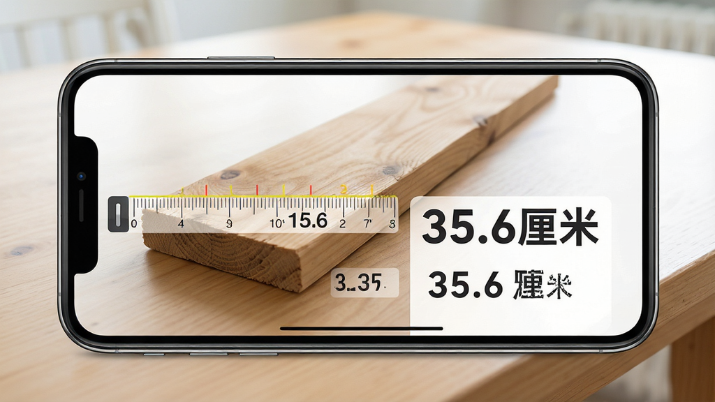 主体:免费尺子测量仪应用界面显示测量一块木板的长度,屏幕上有虚拟刻度线和数字标记,旁边有测量结果“35.6厘米”。布局:手机屏幕正面展示,木板放置在桌面上,手机屏幕与木板平行。排版:界面数据清晰,测量数值突出显示。风格:实用工具风格,明亮清晰。细节:刻度线对齐木板边缘,测量结果醒目,背景简洁。画质:高清,干净,无多余元素。