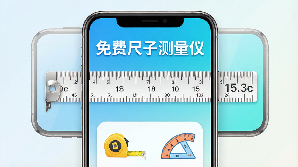 主体:一部智能手机屏幕显示“免费尺子测量仪”应用界面,界面上有一把清晰的虚拟尺子刻度,旁边有长度数值显示,手机下方有卷尺和量角器图标。布局:手机居中,屏幕内容清晰,背景为浅色渐变,突出应用界面。排版:简洁明了,应用界面元素排列有序,文字“免费尺子测量仪”醒目。风格:现代科技感,高清渲染,色彩明亮。细节:尺子刻度精细,数值标注准确,手机边框有金属质感。画质:8K超清,干净,无多余元素。