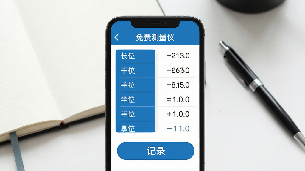 主体:免费尺子测量仪应用界面显示单位换算工具,屏幕上有长度单位列表和换算结果,旁边有“记录”按钮。布局:手机屏幕居中,背景为办公桌面,有笔记本和笔。排版:单位列表排列整齐,换算结果清晰。风格:商务简约风格,蓝白配色。细节:单位名称和换算数值字体清晰,记录按钮醒目。画质:高清,干净,无多余元素。