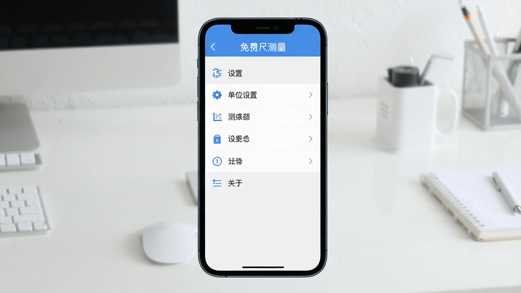 主体:免费尺子测量仪应用界面显示设置选项,屏幕上有“单位设置”和“关于”菜单,背景为简约桌面。布局:手机屏幕居中,设置列表清晰。排版:选项排列整齐,文字清晰。风格:简洁清爽风格。细节:设置项有图标辅助,背景为纯色。画质:高清,干净,无多余元素。