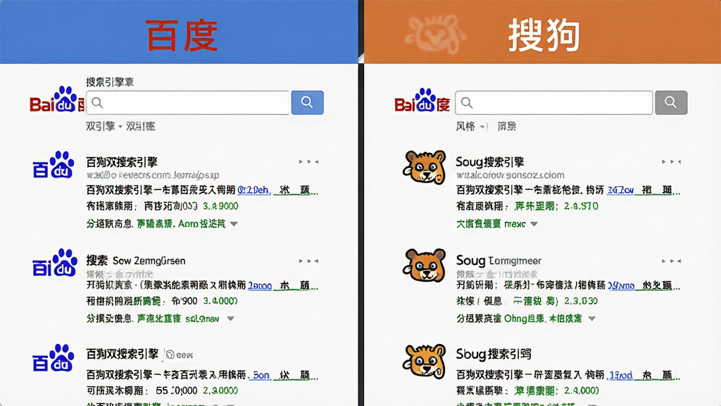 主体:百狗双搜索引擎的双引擎分栏界面,左侧为百度搜索结果,右侧为搜狗搜索结果,中间有醒目的分割线。布局:左右分栏,对称排列。排版:清晰对比,信息密集但有序。风格:简洁明了,突出功能特性。细节:每侧顶部有“百度”和“搜狗”的标识,搜索框位于顶部中央。画质:高清,干净,无多余元素。
