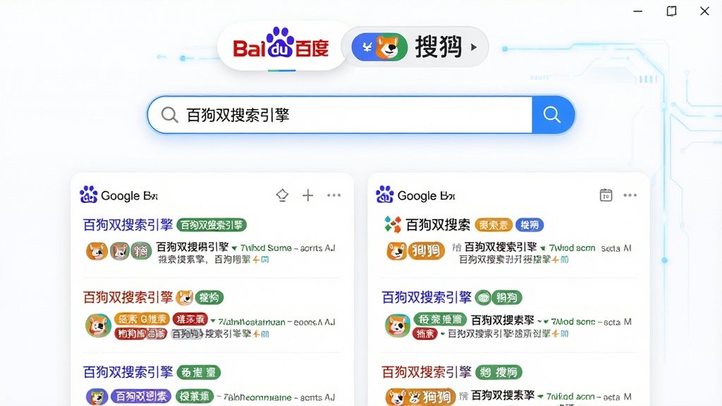主体:百狗双搜索引擎的软件界面展示,界面上方有百度与搜狗的双引擎切换标签,中间是醒目的搜索框,下方分布着两大引擎的搜索结果混合列表。布局:上下结构,搜索框居中,结果列表清晰排列。排版:现代简约风格,信息层次分明。风格:科技感与实用感结合,色彩明快。细节:搜索框内有“百狗双搜索引擎”字样,结果列表展示不同颜色的标签区分引擎来源。画质:高清,干净,无多余元素。