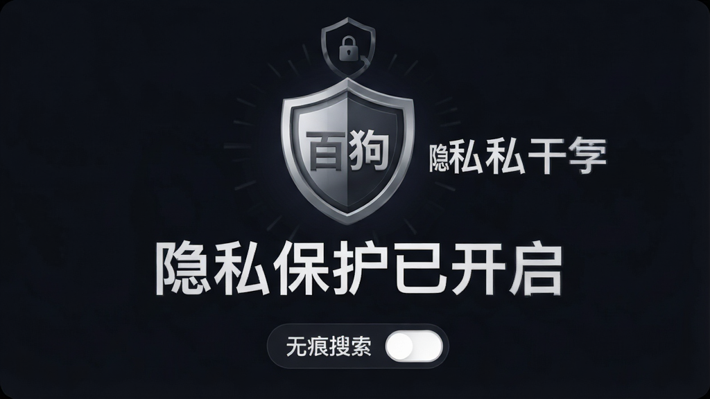 主体:百狗双搜索引擎的隐私模式开启界面,背景为深色,中央有一个盾牌图标,旁边有“隐私保护已开启”字样。布局:居中构图,简洁有力。排版:深色背景,白色文字,视觉突出。风格:安全、可靠、专业。细节:盾牌上有“百狗”字样,底部有“无痕搜索”的开关按钮。画质:高清,干净,无多余元素。