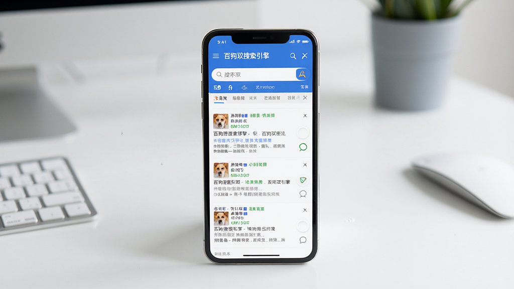 主体:百狗双搜索引擎的移动端使用场景,手机屏幕显示搜索界面,背景为简洁的桌面。布局:手机居中,屏幕内容清晰可见。排版:突出手机界面,周围留白。风格:生活化,真实感。细节:手机屏幕上有“百狗双搜索引擎”字样,搜索结果列表清晰。画质:高清,干净,无多余元素。