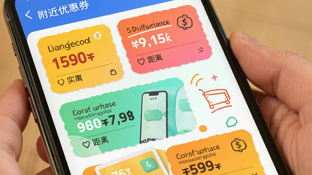 手机页面展示附近寻趣的优惠券列表,卡片式设计,显示折扣力度和距离,整体风格活泼,色彩明快,布局清晰,突出“实惠”与“方便”,无多余元素