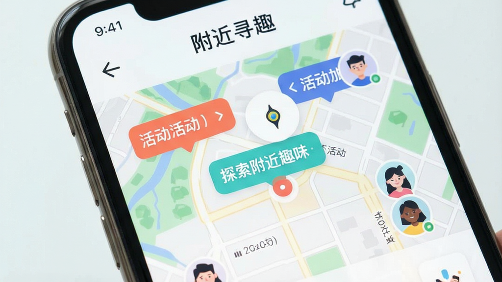 一张智能手机屏幕特写,屏幕显示“附近寻趣”APP主界面,地图背景上浮现彩色活动标签和人物头像,风格扁平清新,布局简洁明亮,突出“探索附近趣味”主题,画质清晰,无多余元素