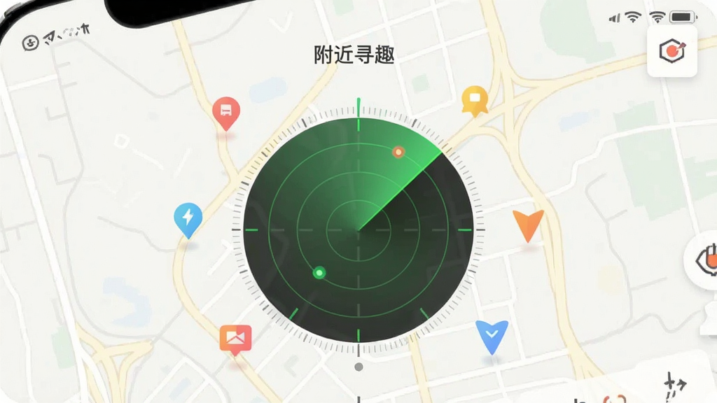 手机应用界面截图风格,显示“附近寻趣”的雷达扫描动画,周围散布彩色兴趣点图标,背景为淡雅地图,排版疏朗,现代简约,干净无杂物