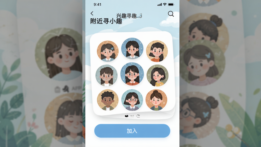 展示“附近寻趣”APP的兴趣小组页面,多个圆形头像组成群组卡片,下方有“加入”按钮,背景柔和,插画风格,排版整齐,画质干净