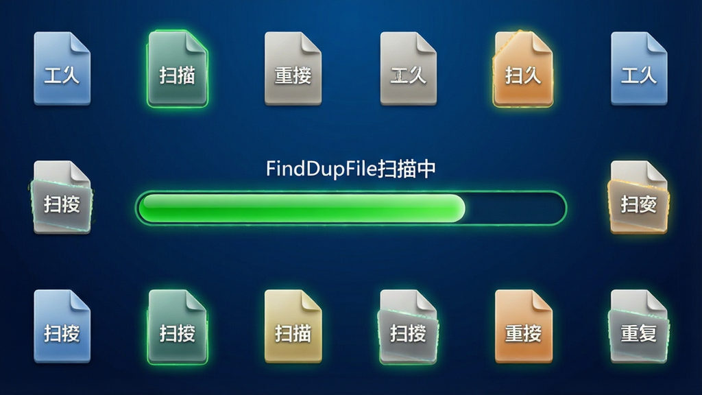 一张FindDupFile扫描过程的动态示意图,界面中央显示扫描进度条,周围散布着代表文件的图标,部分图标被高亮标记为重复。整体风格科技感十足,背景为深蓝色渐变,进度条为亮绿色,图标采用3D渲染效果。画质细腻,无多余元素,图片中显示