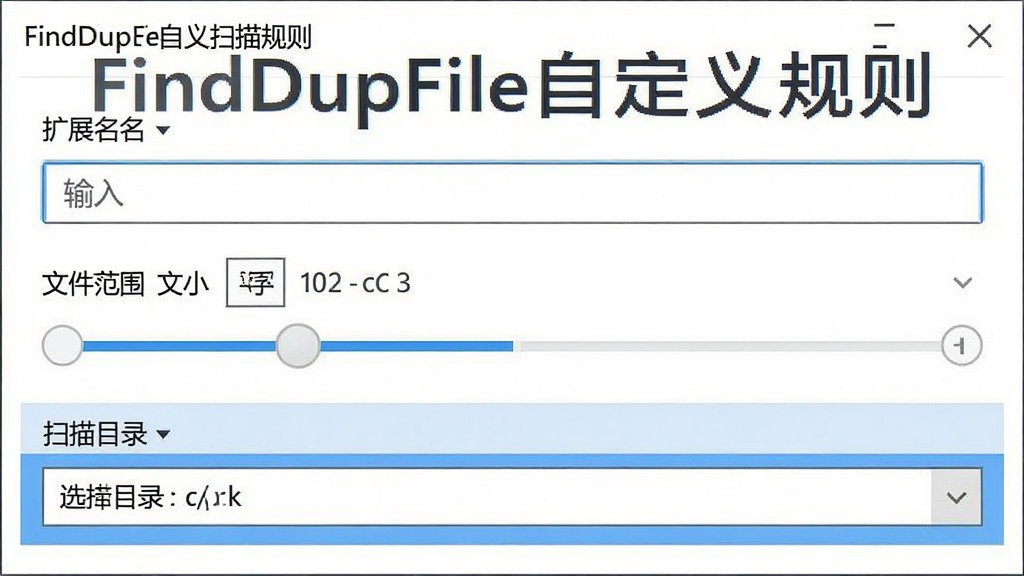 一张FindDupFile自定义扫描规则的设置界面截图,界面包含扩展名输入框、文件大小范围滑动条和扫描目录选择器。整体风格简约商务,背景为白色,表单元素排列整齐,使用蓝色高亮显示当前选中规则。画质干净,无多余元素,图片中显示