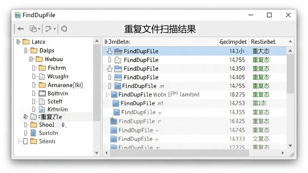 一张展示FindDupFile主界面的截图,界面布局清晰,左侧为文件夹选择树形目录,右侧为扫描结果列表,显示文件名、大小和重复状态。整体风格简洁明亮,采用现代扁平化设计,背景为浅灰色,窗口边缘有柔和的阴影效果。画质干净,无多余元素,图片中显示软件名称