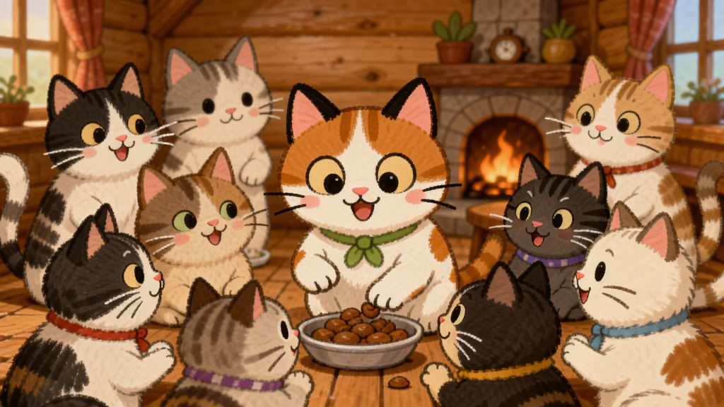 主体:一群不同花色、不同品种的卡通猫咪聚集在温馨的小屋里,主角猫咪正在给它们喂食,猫咪们表情开心。布局:画面中央是主角猫咪,周围环绕着各种猫咪,背景是木屋和壁炉。排版:温馨布局,猫咪错落有致。风格:手绘卡通风格,暖色调,细节丰富。画质:高清,干净,无多余元素。