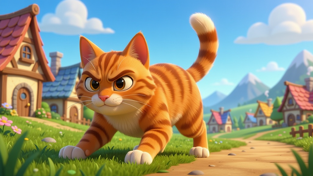 主体:一只橙色虎斑猫主角站在阳光明媚的草地上,背景是色彩斑斓的童话风格村庄和远处山脉,猫咪眼神坚定,做出起跑姿势。布局:猫咪位于画面中央偏左,右侧留出延伸道路,天空飘着几朵白云。排版:画面干净,主体突出,无多余文字。风格:卡通渲染,明亮温馨,细节丰富,毛发质感清晰。画质:高清,干净,无多余元素。