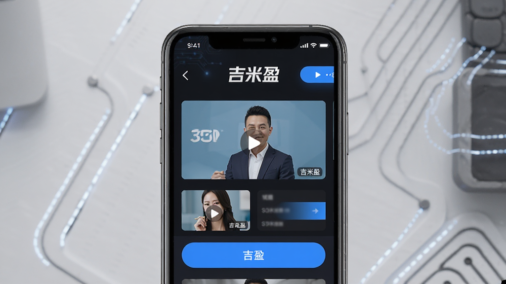 吉米盈主界面展示,一个现代风格的智能手机屏幕占据画面中央,屏幕内显示吉米盈APP的视频列表界面,封面图清晰美观,顶部有“吉米盈”汉字logo,界面布局简洁,以深色背景为主,搭配蓝色高亮按钮,整体画质细腻,干净无多余元素,突出软件的专业与科技感。