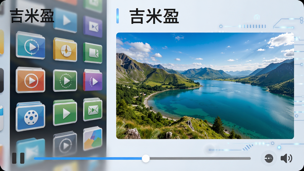 吉米盈解码播放功能展示,画面左侧是视频文件图标墙,右侧是正在播放的高清视频画面,视频中显示清晰的风景动态,底部有播放控制条,包含进度条和音量按钮,整体风格科技感,干净明亮,突出“吉米盈”品牌名称,画质细腻。