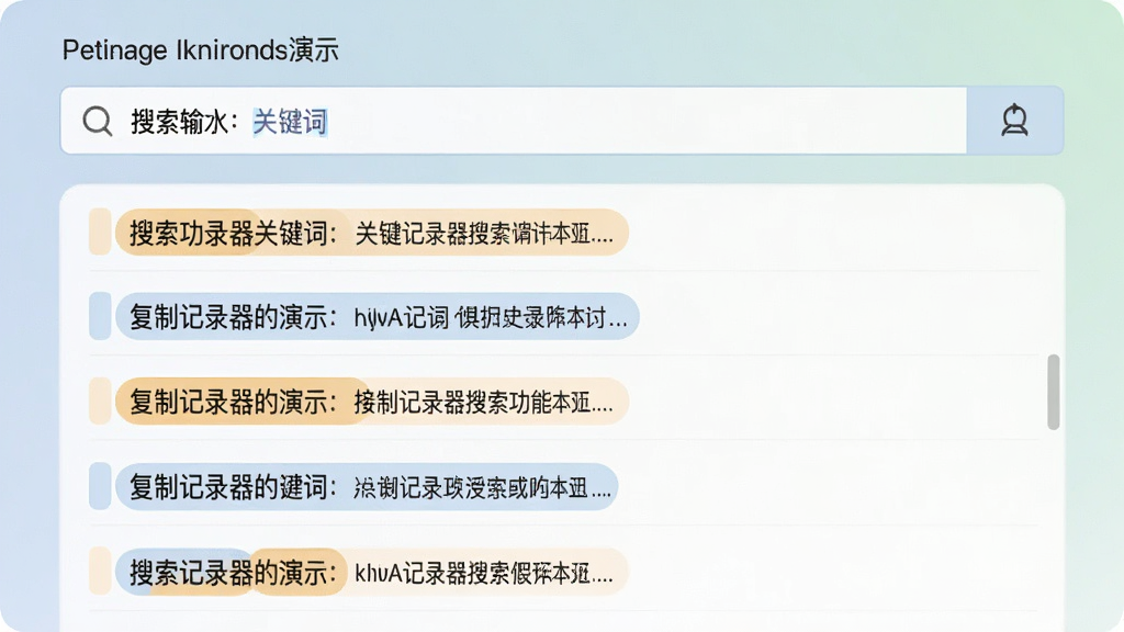 复制记录器搜索功能演示,搜索框输入关键词,下方显示匹配结果列表,突出关键词高亮显示,界面简洁,色彩柔和,高清画质,无多余装饰