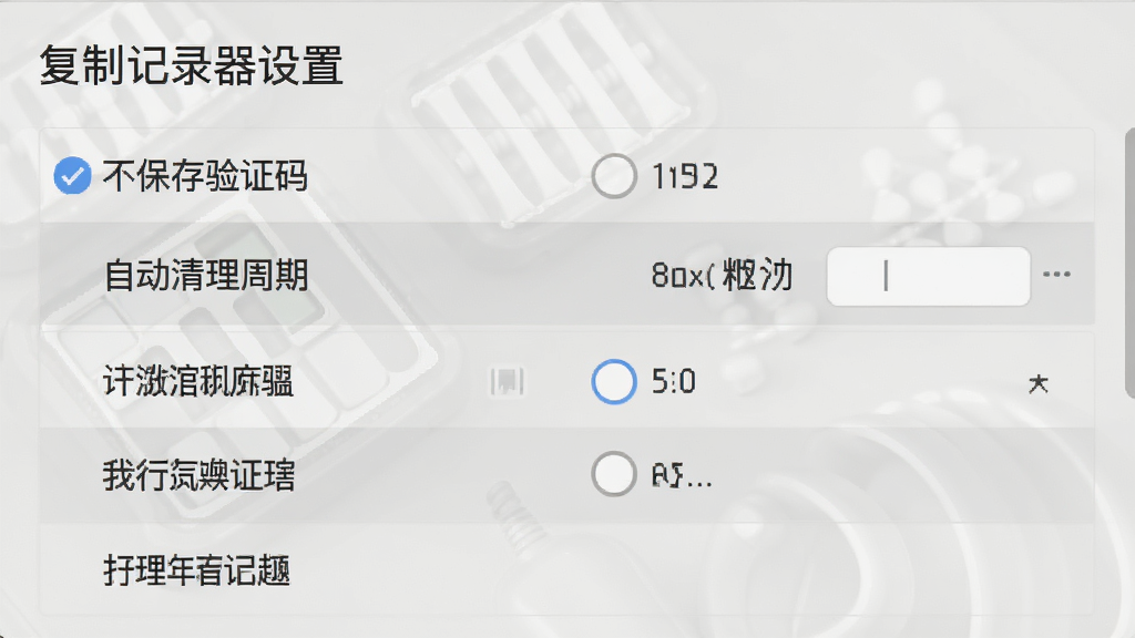 复制记录器设置界面,展示“不保存验证码”、“自动清理周期”等选项,背景为浅灰色,列表样式,文字清晰,整体干净整洁,高清渲染