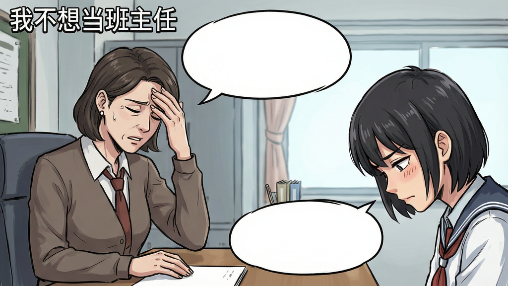 主体为游戏剧情对话界面截图风格,展示一位老师与两名学生在办公室谈话的场景。布局采用对话式构图,左侧是老师,右侧是低着头的学生。排版上要有对话框元素。风格为漫画分镜风格,线条流畅。细节上要表现老师无奈扶额的动作和学生偷偷交换眼神的神态。画质清晰,干净无多余元素,界面中可包含“我不想当班主任”的标题字样。
