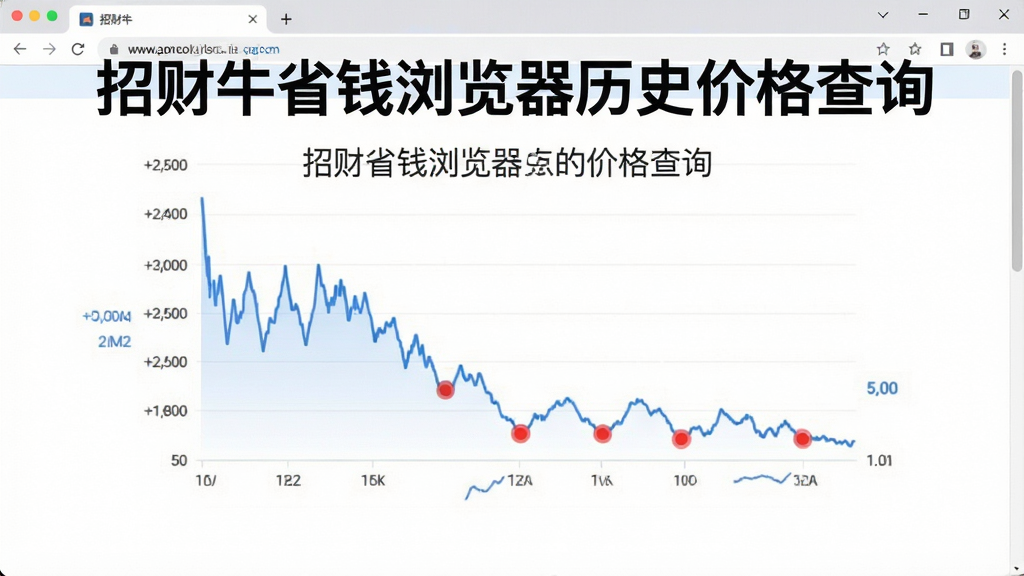 主体为电脑浏览器中展示的一个商品价格走势折线图,图表上方写着“招财牛省钱浏览器历史价格查询”。布局采用图表居中展示,风格商务简洁,线条颜色为蓝色,价格低点用红色圆点标注,背景为纯白色,画质高清,干净无多余元素。