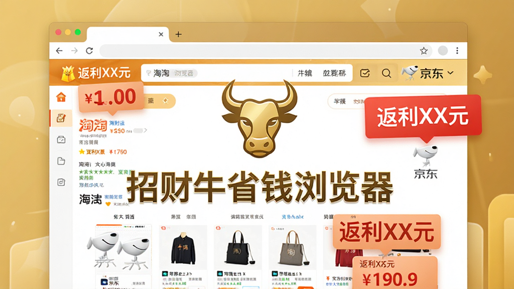 主体为现代感十足的电脑浏览器界面,界面中央展示“招财牛省钱浏览器”字样与金色牛头Logo,浏览器窗口内呈现淘宝、京东等购物网站的商品页面,并弹出醒目红色“返利XX元”悬浮标签。布局采用居中展示,界面设计扁平化,主色调为金色与白色,细节上突出优惠金额数字,画质高清,干净无多余元素。
