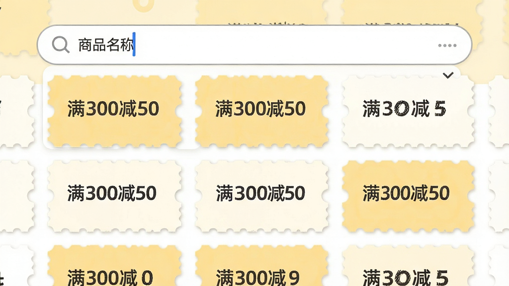 主体为浏览器搜索框输入商品名称后,下拉列表中整齐排列着多张不同面额的优惠券卡片,每张卡片上标注“满300减50”等字样。布局采用平铺视角,风格清新简约,主色调为淡黄色与白色,细节上突出优惠券的锯齿边缘,画质干净,无多余元素。