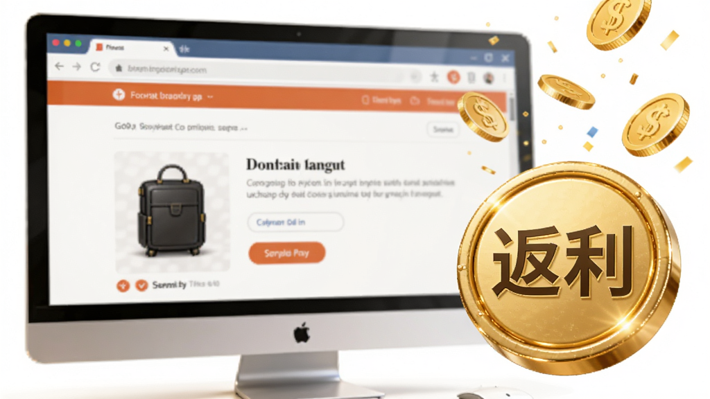 主体为电脑屏幕截图,屏幕上显示一个商品购买页面,右下角悬浮着一个金色圆形按钮,按钮上写着“返利”二字。布局采用特写视角,风格写实,细节上突出按钮的立体质感,配以金币飘落特效,画面明亮清晰,干净无多余元素。