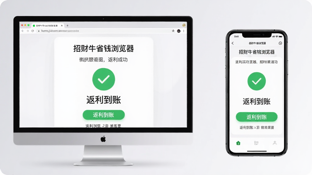 主体为分屏画面,左侧是电脑端浏览器界面,右侧是手机端APP界面,两者均显示“招财牛省钱浏览器”的返利成功页面。布局采用左右对称构图,风格现代,背景为柔和的渐变灰白色,细节上突出“返利到账”的绿色对勾图标,画质干净,无多余元素。