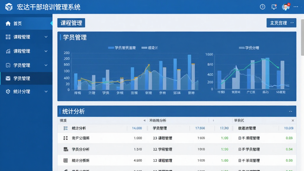 宏达干部培训管理系统主界面截图,展示系统首页的课程管理、学员管理、统计分析等核心功能模块,界面简洁大气,采用蓝色商务风格,布局清晰,左侧导航栏,右侧内容展示区,包含数据图表和列表信息,画质高清,干净无多余元素