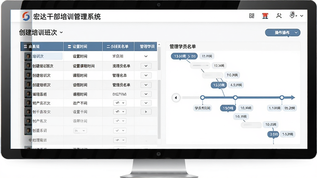 宏达干部培训管理系统培训流程管理界面,展示创建培训班次、设置课程时间、管理学员名单的操作页面,界面采用表格和时间线形式,信息清晰,风格简洁商务,画质高清,干净无多余元素