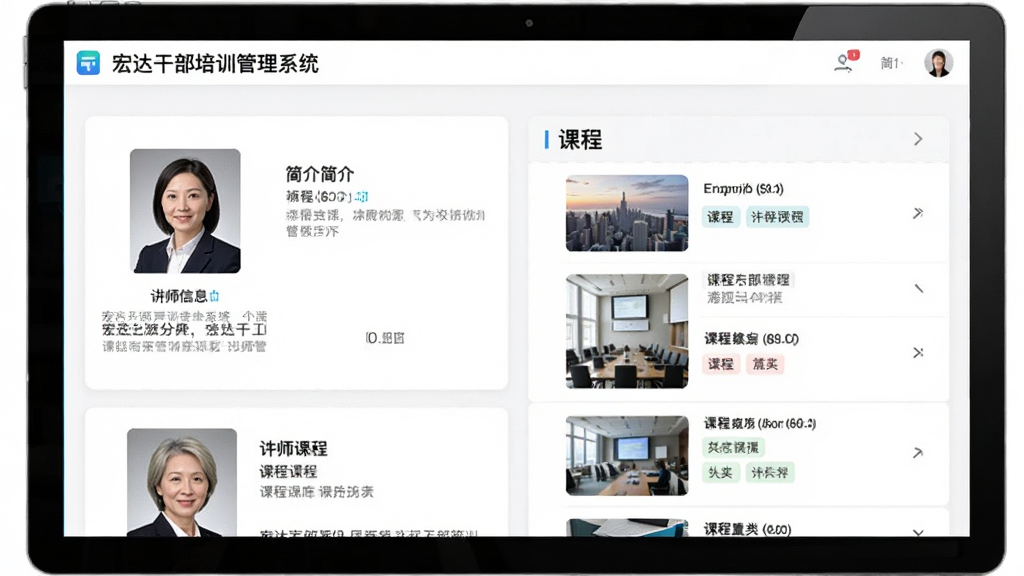 宏达干部培训管理系统师资与课程库管理界面,展示讲师信息卡片和课程列表,包含讲师照片、简介、课程封面和分类标签,界面采用卡片式布局,风格清新,画质高清,干净无多余元素