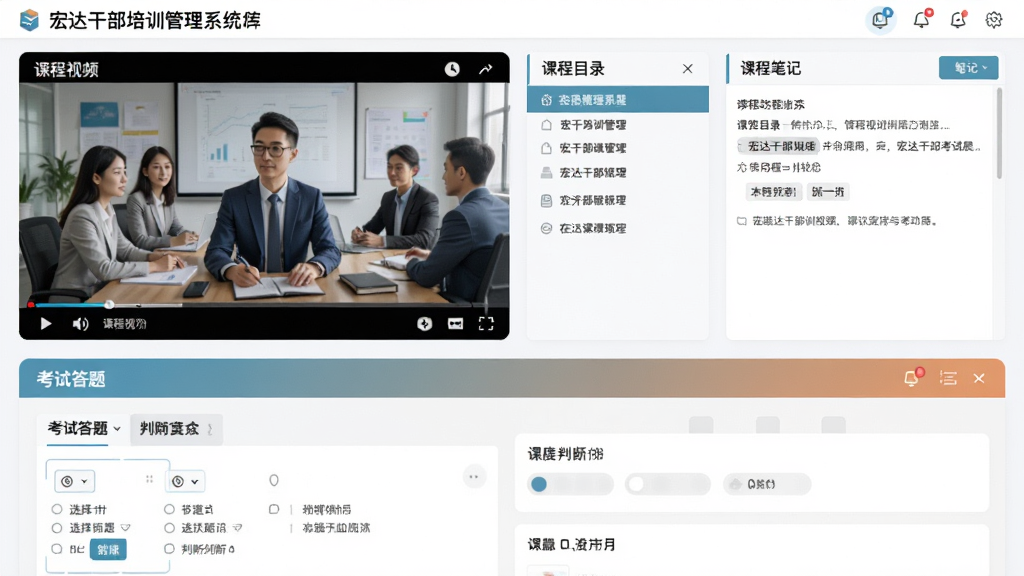 宏达干部培训管理系统在线学习与考试功能展示,左侧为课程视频播放区域,右侧为课程目录和笔记区域,下方为考试答题界面,包含选择题和判断题,界面现代,色彩搭配舒适,画质高清,干净无多余元素