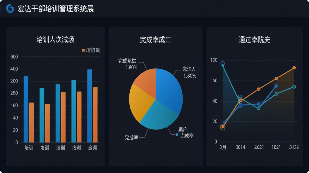 宏达干部培训管理系统数据统计图表展示,包含柱状图、饼图和折线图,展示培训人次、完成率、通过率等数据,界面采用深色背景,图表色彩鲜艳,数据清晰,画质高清,干净无多余元素