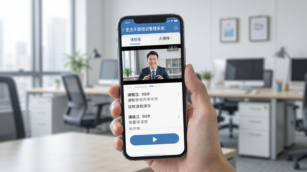 宏达干部培训管理系统移动端使用场景图,展示学员在手机上观看课程视频,界面简洁,包含课程列表和播放按钮,背景为办公环境,画质高清,干净无多余元素